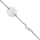 Sterling Silver Rhodium-plated Kitty and Fish w/.5 in Ext Bracelet